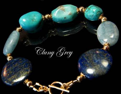 aquamarine, lapis, and turquoise make up this unique handcrafted bracelet