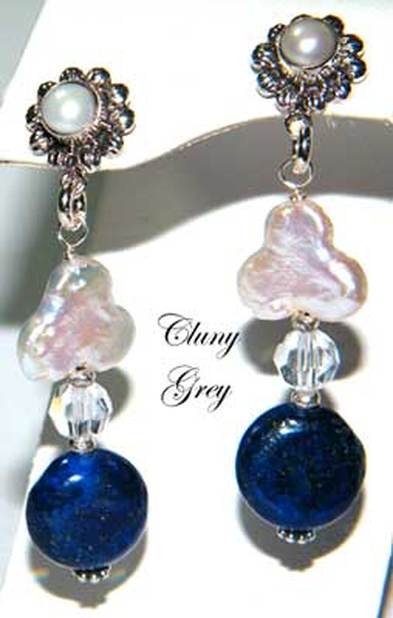 lapis earrings with freshwater pearls and sterling silver