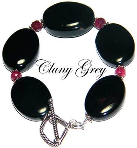 black agate bracelet with rubies and sterling silver