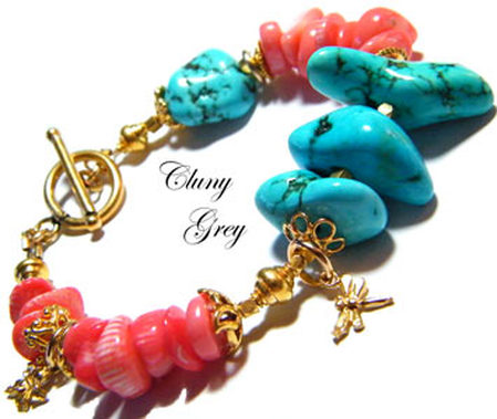 turquoise and coral bracelet with gold