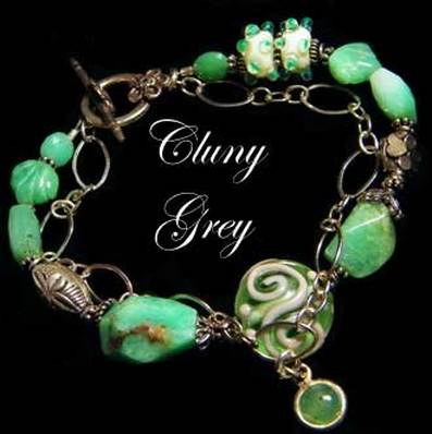 Two strands chrysoprase with artist's lampwork beads and sterling silver.