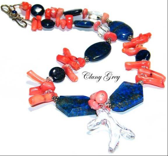 coral necklace with lapis and sterling silver