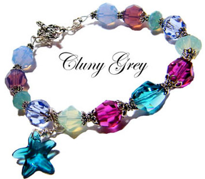 Pink, blue, pale green and turquoise handmade  Swarovski crystal bracelet with starfish charm