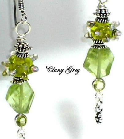 Peridot earrings with lamp worked beads. 