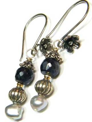Sapphire earrings with pearls and sterling silver,