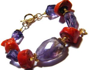 genuine coral bracelet with amethysts and gold