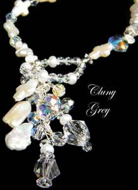 pearl lariat necklace with Swarovski crystals