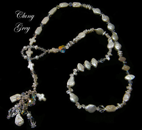 pearl lariat necklace with Swarovski crystals
