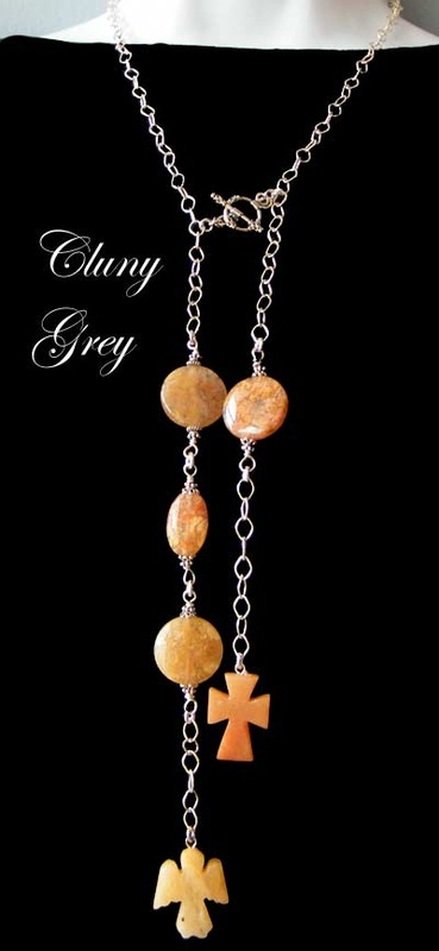 lariat necklace with gemstone cross and angel